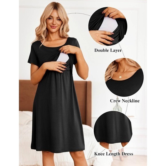 Women's Nursing & Maternity Dress – Short Sleeve, Patchwork, Knee Length Black L - Picture 1 of 5